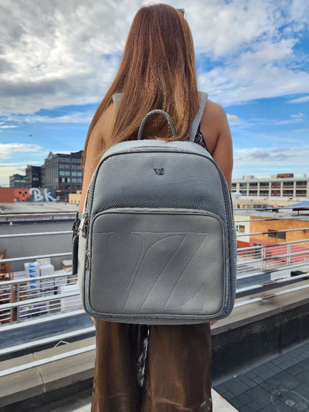 Velez Grey Leather Tech Laptop Backpack Travel Bag Luggage Sleeve Minimalist